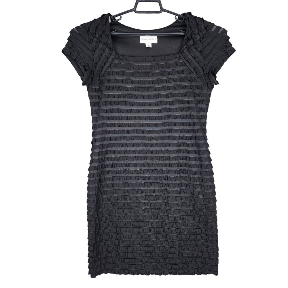 Womens Black Ronni Nicole Tiered Ruffle Dress Short Sleeve Square Neck Size 10